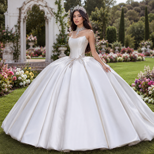 Xs302 Ivory Modern Bridal Gown Structured Corset Appliques Crystal Beaded Waist Full Satin Ball Pleated Princess <b>Wedding</b> Dress - Product Image 1