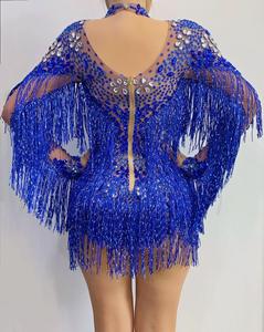 Body con Frange Trasparenti e Strass Blu Argento, Maniche Lunghe, <span class=keywords><strong>Costume</strong></span> da Spettacolo per Cantanti e Ballerine - Product Image 2