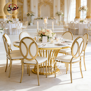 ชุดโต๊ะรับประทานอาหารทรงกลมดีไซน์หรูหราทันสมัย ท็อป MDF โครงเหล็กกล้าไร้สนิมสีทอง เหมาะสำหรับงานอีเว้นท์และปาร์ตี้ - Product Image 1