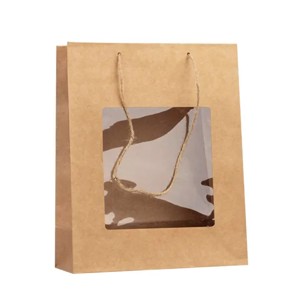 Asa de cordón de cáñamo de yute, bolsas de galletas de regalo de tamaño pequeño, marrón, boda, bolsa de papel de embalaje de alimentos Kraft de 120gsm con ventana transparente