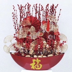 Pot de fleurs du Nouvel An chinois, grand seau porte-bonheur rouge et or, ensemble de décoration de bureau ou sur pied - Product Image 1