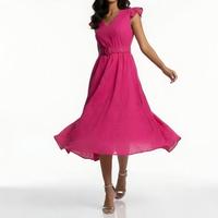 Robe d'été 2025 élégante à col en V et manches à volants, grande taille, taille ajourée ajustée, longueur genou, décontractée unie pour XL