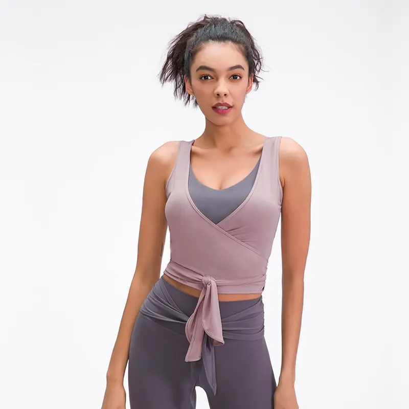 Camiseta sin mangas elástica con cuello de pico cruzado para Yoga, Top fino ligero para mujer, S2050