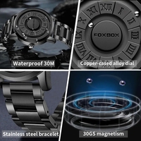 FOXBOX-Reloj de pulsera analógico de cuarzo para hombre, correa de cuero con bola magnética LIGE, resistente al agua, con diseño de esqueleto y cuentas enrollables