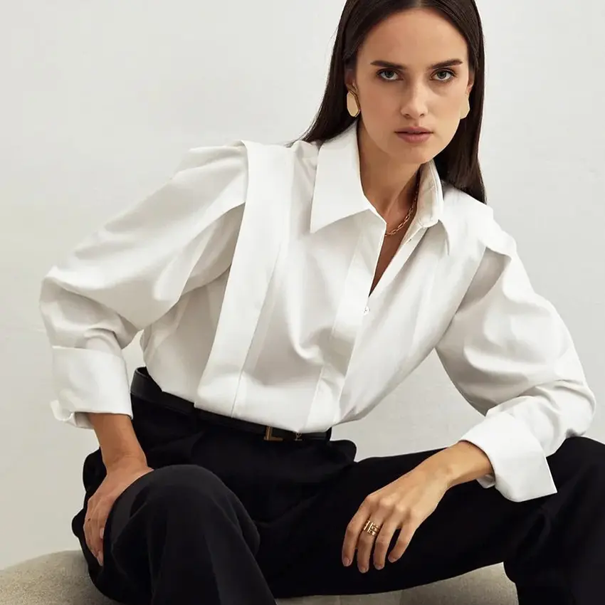 Autumn Appropriation Ladies White Cotton Shirt Office Formal Breathable Elegant Simple Blouse