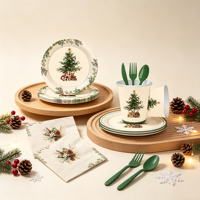 Vaisselle de fête sur le thème de Noël, décoration de fête d'arbre de Noël, assiettes en papier jetables, gobelets, serviettes