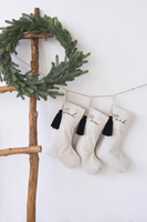 Chaussettes de Noël personnalisées en lin beige neutre, style minimaliste, pour la famille, fête de Noël, chaussettes de Noël personnalisées