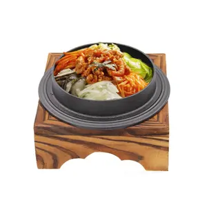 Korean Cooking Bowl Cast Iron Sizzling Hot Pot with Wooden Stand for Korean Cuisine Bibimbap Dolsot Rice Soup