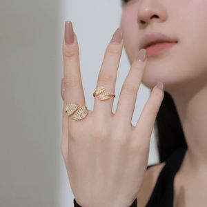 Dylam Dainty Hypoallergenic S925 Silver Rhodium 18K Gold Plated Adjustable 5A Cubic Zirconia Baguette Leaf <b>Open</b> Women <b>Rings</b> - Product Image 2