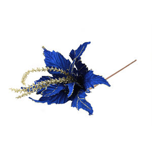 Flor de Poinsettia Azul Dorada con Purpurina, Tallo Largo - Product Image 1