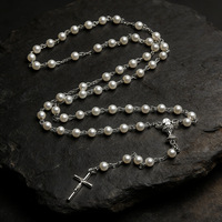 Collier de chapelet catholique en perles de verre imitation perle blanche, chapelet de première communion avec chalice central, perles de prière, vente en gros