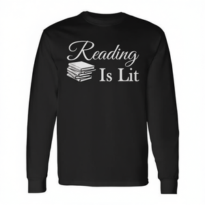 T-shirt a maniche lunghe Reading Is Lit, girocollo unisex, stampa digitale per gli amanti dei libri, insegnanti - Product Image 2