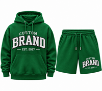 Ensemble sweat à capuche et short personnalisé pour homme, en molleton vert, décontracté, pour l'hiver, avec logo personnalisé imprimé sur le devant, en coton et polyester 430g, séchage rapide