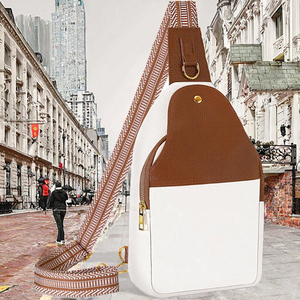 Sac bandoulière minimaliste pour femme en cuir véritable blanc et marron avec sangle géométrique réglable, fermeture éclair antivol, toutes saisons - Product Image 2