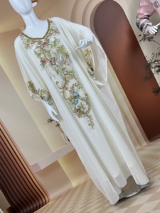 Abaya Musulmana in Due Pezzi in Chiffon e Raso <span class=keywords><strong>Bianco</strong></span> con Ricami e Perline, <span class=keywords><strong>Vestito</strong></span> Lungo Arabo per Donne a Prezzo di Fabbrica - Product Image 4