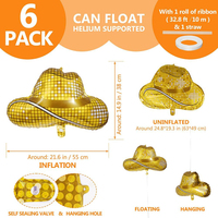 Lot de 6 ballons chapeau de cow-boy/cowgirl dorés brillants style western pour anniversaire années 80/90, baby shower, enterrement de vie de jeune fille