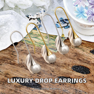 Boucles d'oreilles pendantes en acier inoxydable plaqué or 18 carats pour femmes, mode minimaliste, luxe, mariage, imperméables, avec crochet en perle - Product Image 2