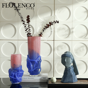 Flolenco Art déco moderno artistico di grandi dimensioni <span class=keywords><strong>vasi</strong></span> di fiori in vetro fatti a mano con motivi blu <span class=keywords><strong>rosa</strong></span> per la casa Hotel e decorazioni di nozze - Product Image 1