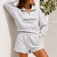 Conjunto de Sudadera Corta con Media Cremallera y Pantalones Cortos de Algodón para Mujer, Tallas Grandes, Estilo Vintage Lavado, con Logotipo Personalizado, Ropa Deportiva Casual