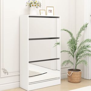 Armario estrecho de madera para guardar zapatos con espejo, organizador de zapatos delgado de 3 niveles, color blanco, para el hogar y muebles de apartamento. - Product Image 3