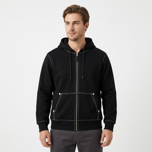 Men's <b>Black</b> Full <b>Zip</b> <b>Hoodie</b> Regular Fit Cotton French Terry Casual Hooded Sweatshirt Autumn Wear - Product Image 1