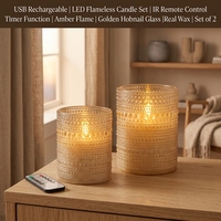Bougie LED sans flamme rechargeable par USB, verre à motif gaufré, télécommande IR, fonction minuterie, flamme ambrée, décoration de festival