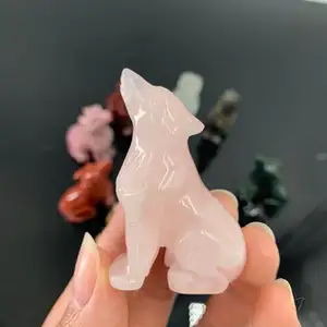 Natural Crystal Howling Wolf Dog Carved Gemstone Rose Quartz Wolf Reiki Healing Stones Carving Crafts