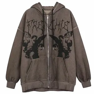 Clothing Manufacturers Custom Vintage Angel Print heavyweight oversized Zip Up Hoodie Hip Hop Streetwear Mens Hoodies