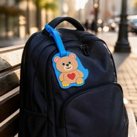 Étiquette de bagage en caoutchouc PVC souple motif ours en peluche mignon, bleue, pour valise de voyage, porte-carte nominative, forme personnalisée, vente en gros