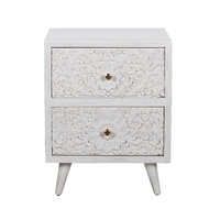 Table de chevet en bois sculptée à la main avec 2 tiroirs, finition blanchie, motif floral
