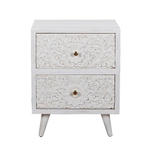 โต๊ะข้างเตียงไม้แกะสลักด้วยมือ 2 ลิ้นชัก ผิวเคลือบสีขาว ลายดอกไม้ - Product Image 5