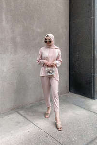 Modest Islamic Prayer Clothing Ramadan O Neck Long Sleeves <strong>Tunic</strong> + Pants <strong>Jersey</strong> Elegant Dubai Arab Femme Muslim Two Piece Sets - Product Image 3