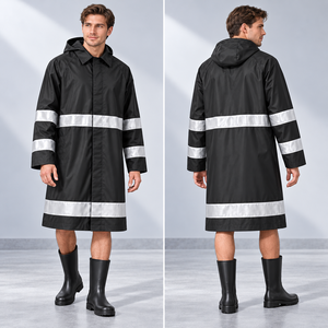 <span class=keywords><strong>Impermeabile</strong></span> <span class=keywords><strong>Nero</strong></span> Riflettente per Adulti, Giacca Antipioggia Lunga con Colletto Ribaltabile, Chiusura a Scatto Frontale e Bande sulle Maniche per Pattugliamento all'Aperto - Product Image 5