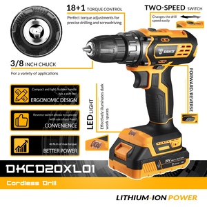   Trapano Avvitatore a Batteria DKCD20XL01-H10 20V Nuovo, 18+1 Regolazioni di Coppia, Mandrino Autoserrante 40N.m, per Foratura su Legno - Product Image 4