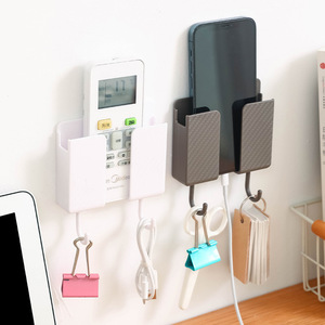 Wall Mounted Remote Control Storage Box With <b>Hooks</b> For Phone And Cables <b>Adhesive</b> No Drilling Required - Product Image 1