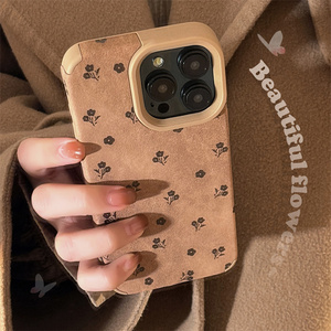 Black Little Flower Brown Faux Leather Mate a prueba de golpes UV pintado Ins Style Phone Case para 17 <span class=keywords><strong>Pro</strong></span> Max 16 Plus 15 14 13 12 Retro - Product Image 2