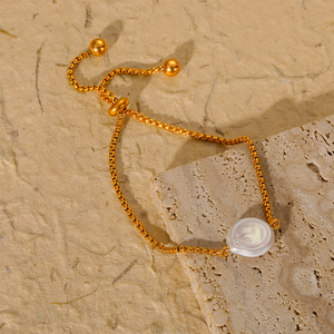 Pulsera de Perlas de Agua Dulce Planas con Cordón Ajustable, Acero Inoxidable, Chapado en Oro de 18K, Joyería, Regalo de San Valentín - Product Image 4