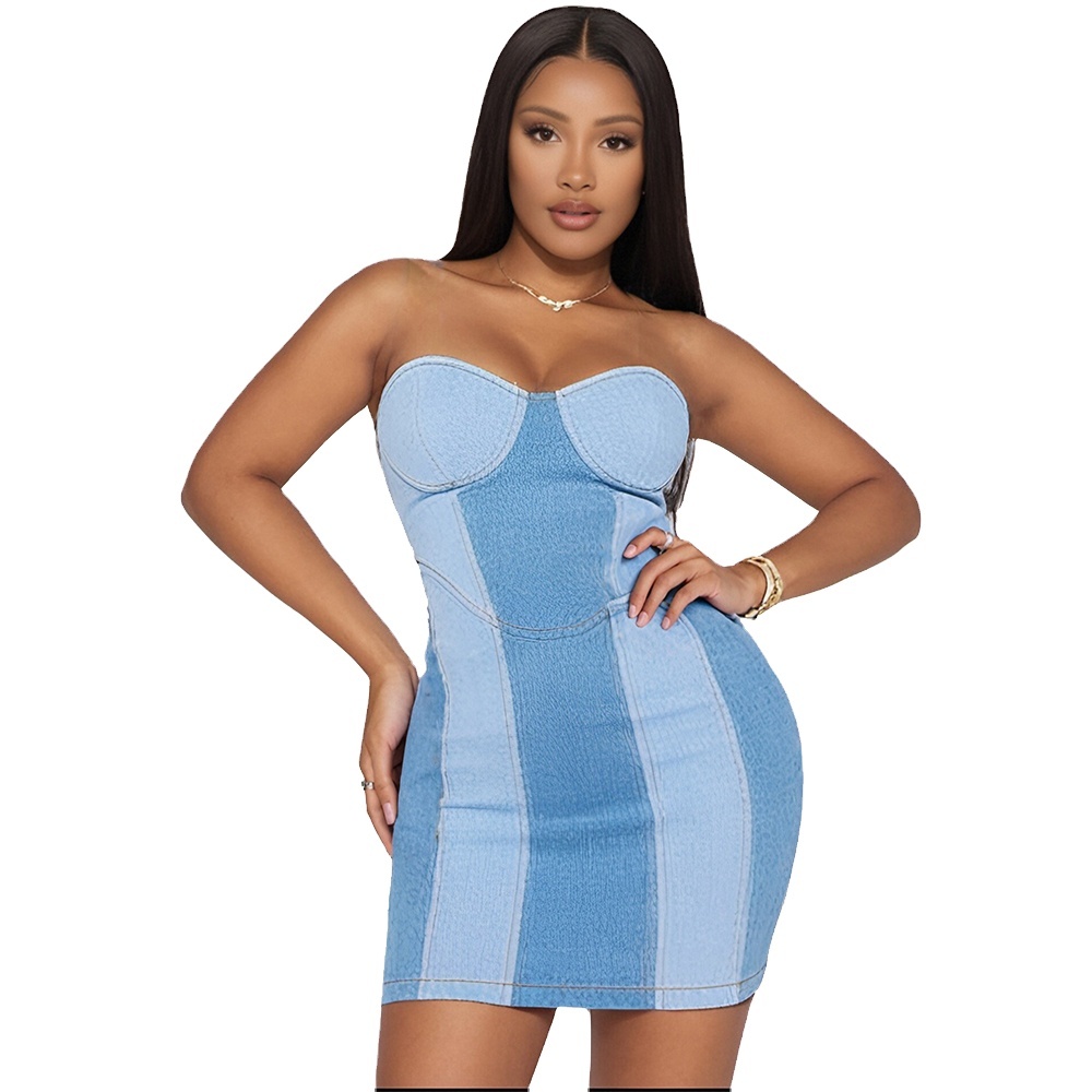 plein sud seam corset denim flare dress Zip-Front Mini with Waist Detail – Amanda Jean NYC Size:4XL USA strapless corset Blue Denim Overall Dress Zipper and back tie