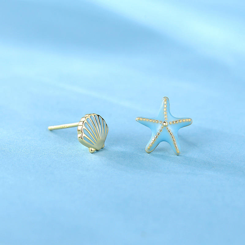 ต่างหูเปลือกหอยปลาดาวสีน้ำทะเล (ทองแดงชุบทอง)