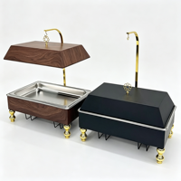 QY 9L Plat de service rectangulaire en marbre noir grain de bois, chauffe-plat de buffet haut de gamme avec pieds dorés et couvercle suspendu pour hôtels et mariages