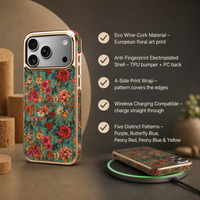 Coque de téléphone en liège écologique à motif floral européen, compatible avec la charge sans fil pour iPhone 16 17 18