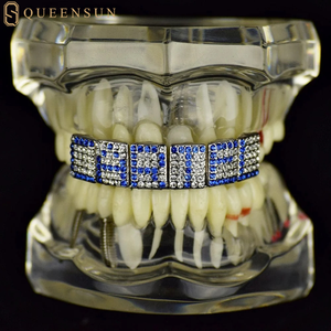 ファッションジュエリー歯グリルズヒップホップMoissaniteグリルズ925シルバーブルー文字パーソナライズアイド付き歯の名前グリルズ - Product Image 1