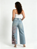 Jean unisexe ample en denim brodé floral, style Y2K, coupe longue, motif botanique, tissu épais