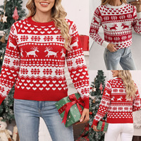 Pull Jacquard Femme Hiver Noël Motif Renne Dessin Animé Nouveauté Tricoté Col Rond Manches Longues Haut de Fête pour Fêtes de Fin d'Année Vente en Gros