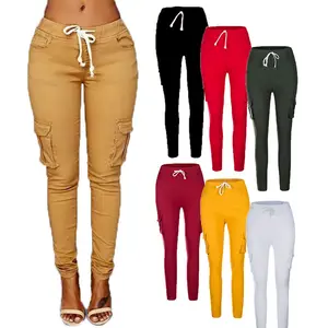 Plus Size Casual Straight Slim Fit Trousers Slim cowboy Thin Pants For Women High Waist Lace Up Multi-Pockets Solid Pencil Pants