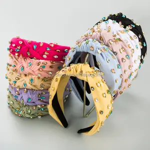 Wholesale New Fashion Hair Accessories Fabric Rhinestone Knotted Headbands Multi-color Wide Brimmed Women Hair Bands