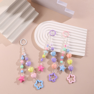 Porte-clés perlé QIANJIE JY-002 esthétique Y2K, <span class=keywords><strong>pendentif</strong></span> de <span class=keywords><strong>téléphone</strong></span> mignon en acrylique couleur macaron avec breloques cœur, étoile et fleur - Product Image 2