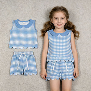 Vêtements pour enfants RTS Boutique, ensembles décontractés à carreaux mignons pour sœurs, avec bordure festonnée, vêtements pour filles, vente en gros, vêtements d'été pour bébés - Product Image 3