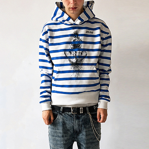 เสื้อฮู้ดดี้ผ้าฝ้ายเฟรนช์เทอร์รี่แบบกำหนดเอง 460 500gsm ดีไซน์สำหรับผู้ชาย คุณภาพสูง เสื้อฮู้ดดี้ฤดูหนาวสำหรับผู้ชาย สีน้ำเงินขาวลายทางพิมพ์ลายแจ็คเก็ต - Product Image 1