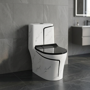 WC monobloc en céramique à impression marbre moderne, à chasse d'eau siphonique, double chasse, à poser au sol - Product Image 2